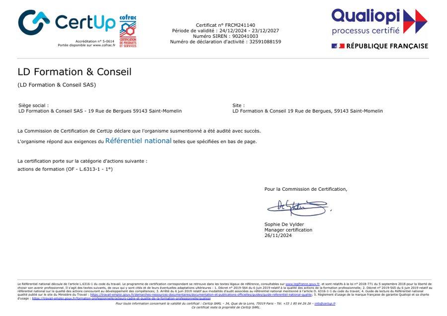 Aperçu de la première page du certificat Qualiopi de LD Formation & Conseil